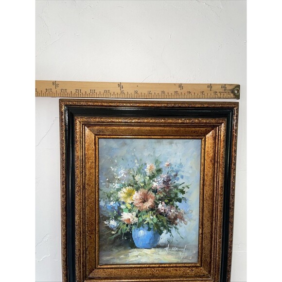 VINTAGE Framed Floral Still Life Oil on Canvas Gold Frame Signed Art - 13"x 15" - Picture 6 of 9